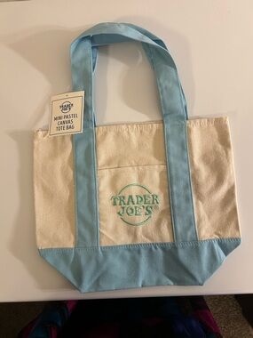 Trader Joe's Canvas Mini Tote in Light Blue and Cream